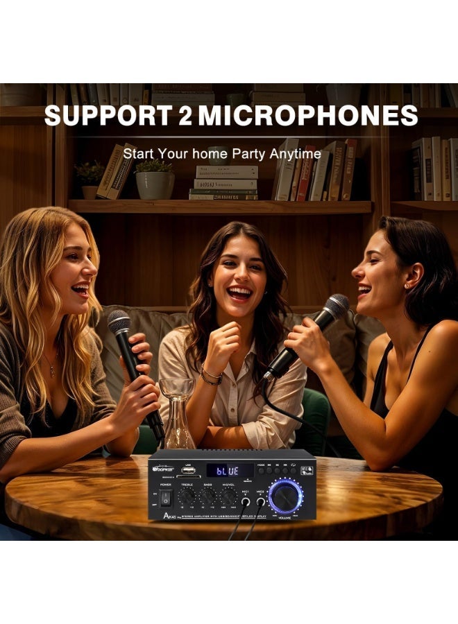 مكبر صوت ستريو مستقبل AK45Pro - صوت منزلي 400 واط مع بلوتوث 5.3، مكبر طاقة بقناتين 2.0، إدخال USB/SD/RCA/FM و 2 ميكروفون للغناء، نظام مسرح منزلي مع جهاز تحكم عن بعد - Image 5